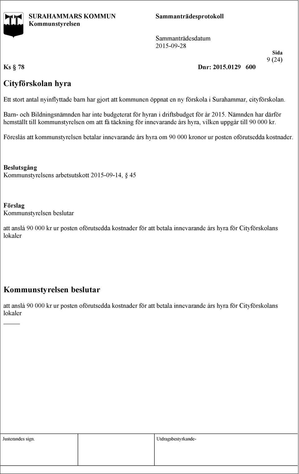 Nämnden har därför hemställt till kommunstyrelsen om att få täckning för innevarande års hyra, vilken uppgår till 90 000 kr.