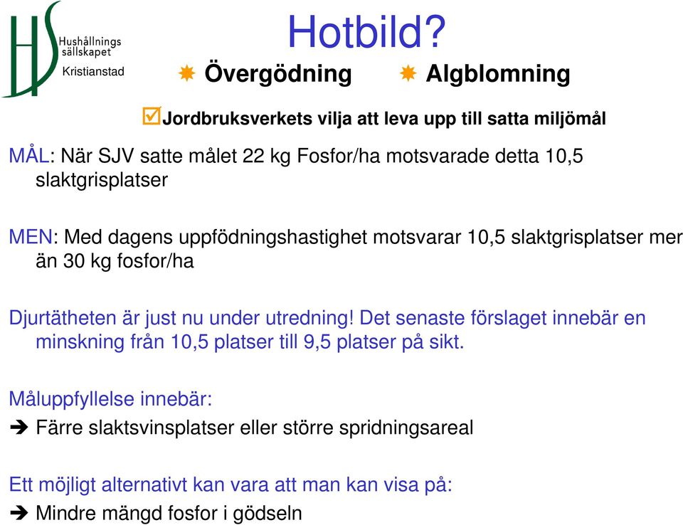 motsvarade detta 10,5 slaktgrisplatser MEN: Med dagens uppfödningshastighet motsvarar 10,5 slaktgrisplatser mer än 30 kg fosfor/ha