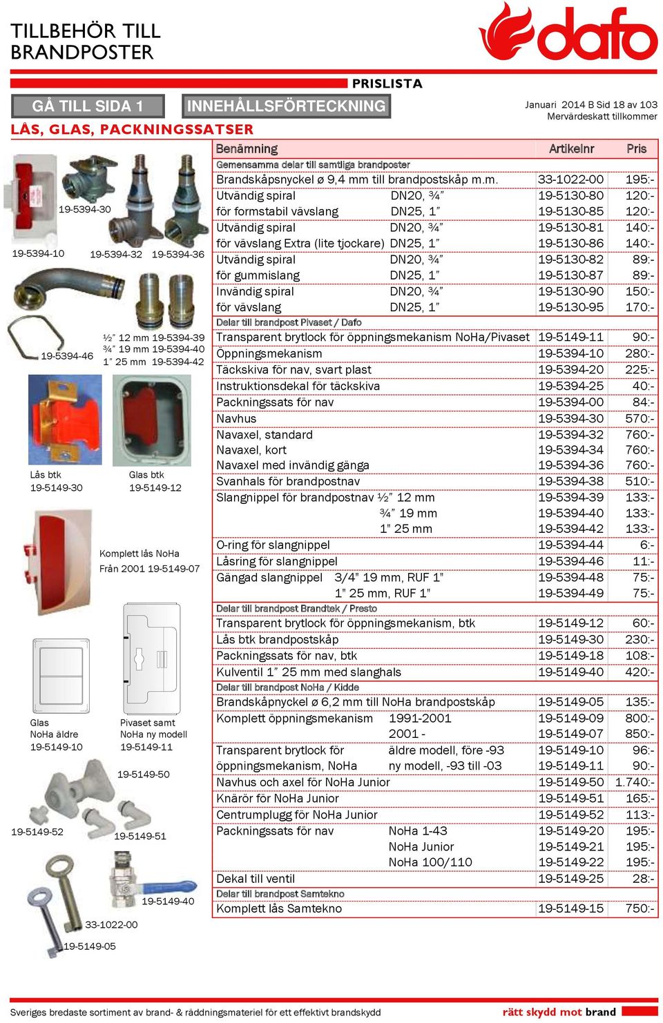 nsamma delar till samtliga brandposter Brandskåpsnyckel ø, mm till brandpostskåp m.m. --00 :- Lås btk Glas btk --0 -- Glas Pivaset samt NoHa äldre NoHa ny modell -- -- -- --0 -- -- -- -- --00 --0 ½