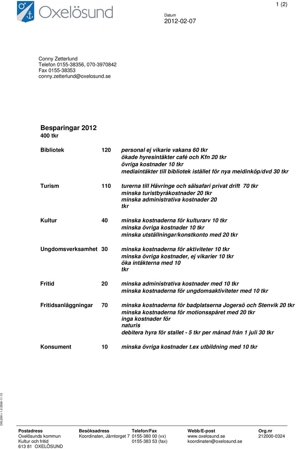 30 tkr Turism 110 turerna till Hävringe och sälsafari privat drift 70 tkr minska turistbyråkostnader 20 tkr minska administrativa kostnader 20 tkr Kultur 40 minska kostnaderna för kulturarv 10 tkr