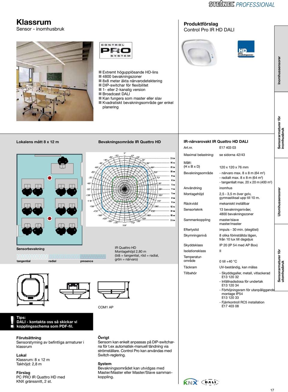 Lokalens mått 8 x 12 m Sensorbevakning tangential radial presence Tips: DALI - kontakta oss så skickar vi kopplingsschema som PDF-fil.