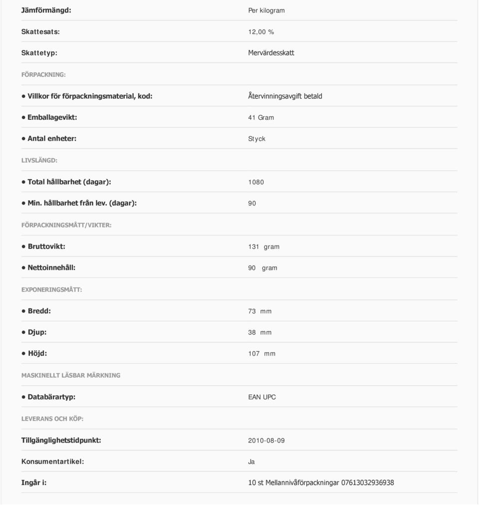 (dagar): 90 FÖRPACKNINGSMÅTT/VIKTER: Bruttovikt: 131 gram Nettoinnehåll: 90 gram EXPONERINGSMÅTT: Bredd: 73 mm Djup: 38 mm Höjd: 107 mm