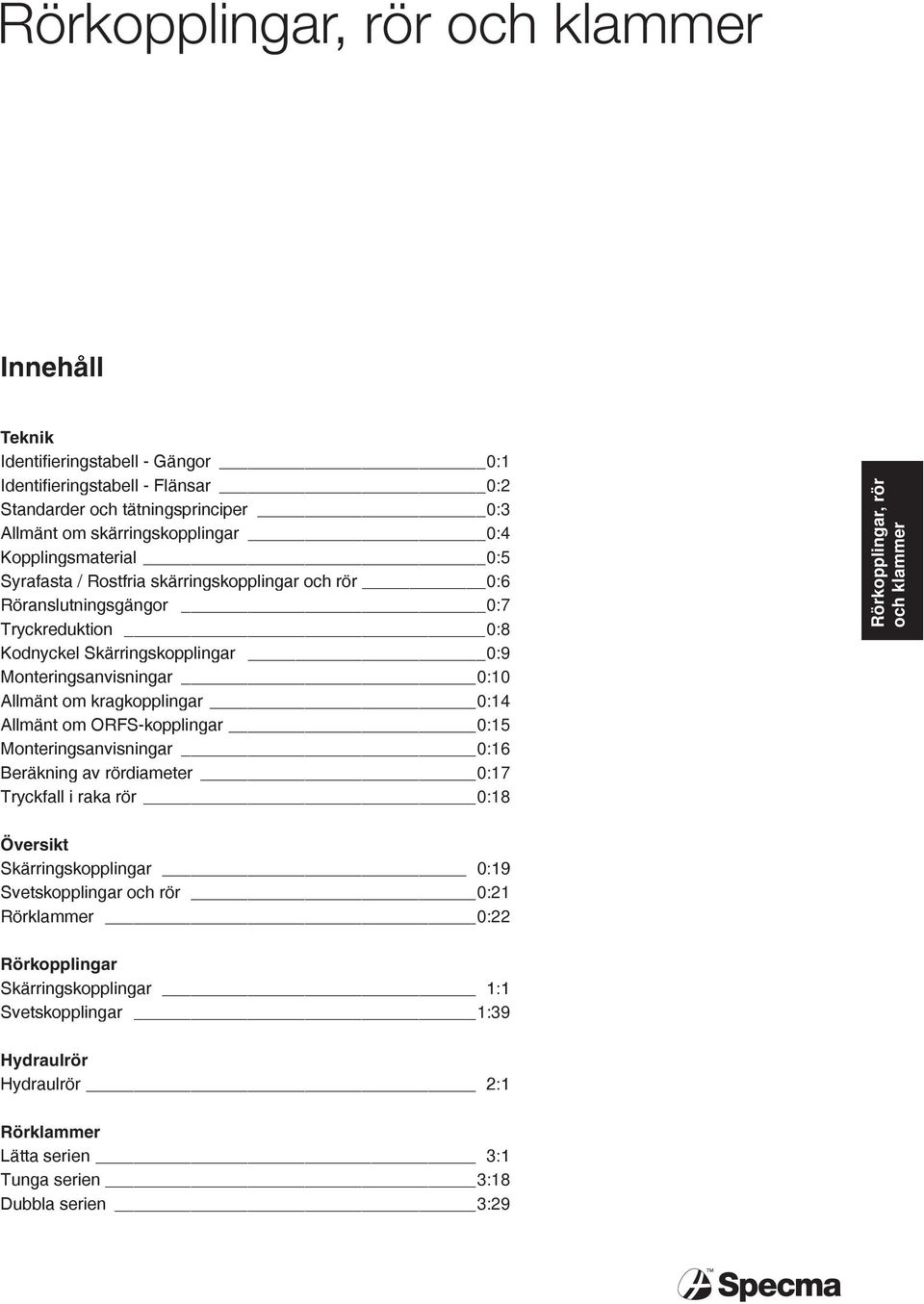 Allmänt om kragkopplingar 0:14 Allmänt om ORFS-kopplingar 0:15 Monteringsanvisningar 0:16 Beräkning av rördiameter 0:17 fall i raka rör 0:18 Översikt Skärringskopplingar 0:19