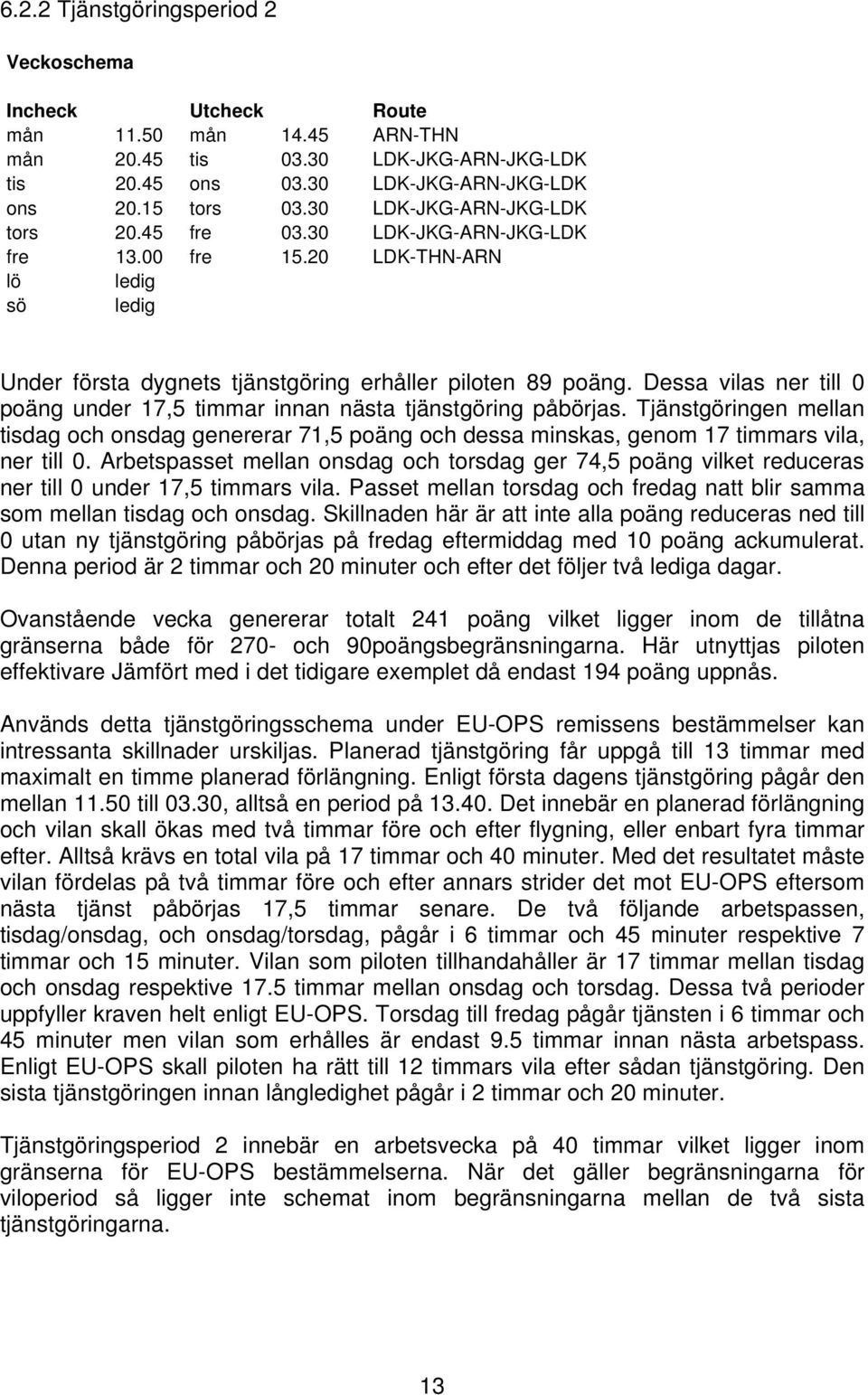 Dessa vilas ner till 0 poäng under 17,5 timmar innan nästa tjänstgöring påbörjas. Tjänstgöringen mellan tisdag och onsdag genererar 71,5 poäng och dessa minskas, genom 17 timmars vila, ner till 0.