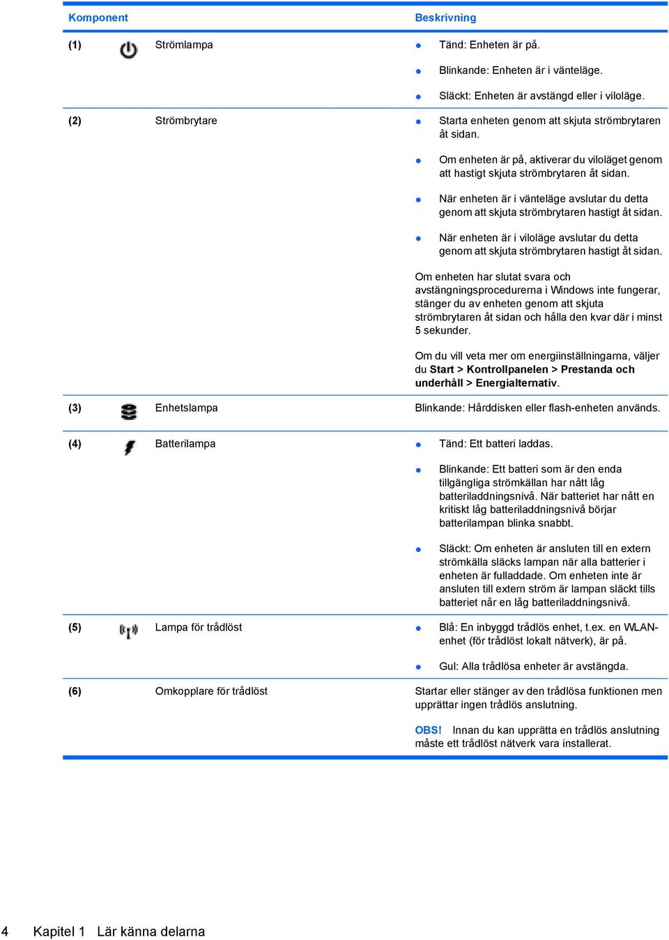 När enheten är i vänteläge avslutar du detta genom att skjuta strömbrytaren hastigt åt sidan. När enheten är i viloläge avslutar du detta genom att skjuta strömbrytaren hastigt åt sidan.