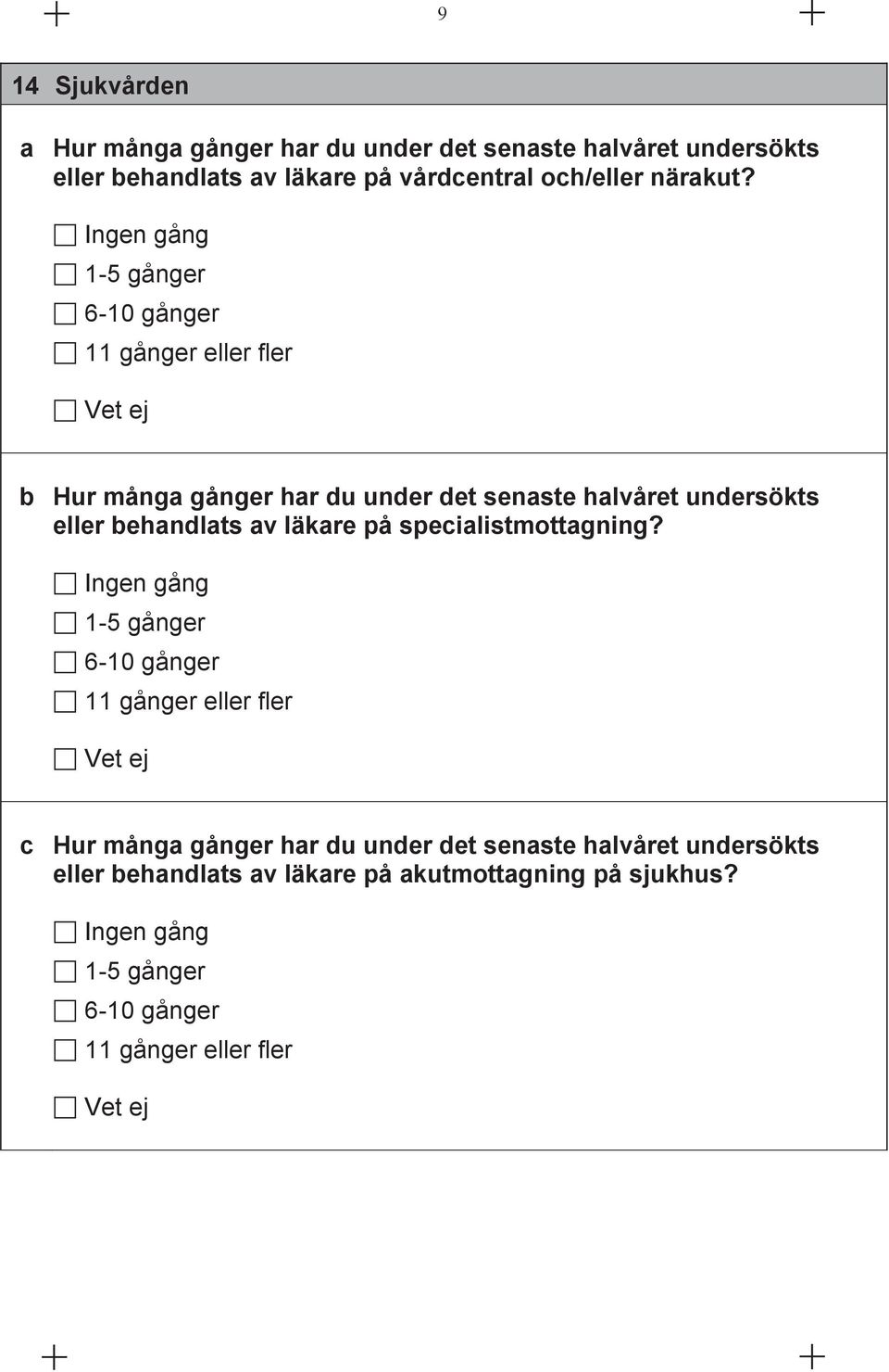 gång 1-5 gånger 6-10 gånger 11 gånger eller fler b Hur många gånger har du under det senaste halvåret undersökts eller behandlats