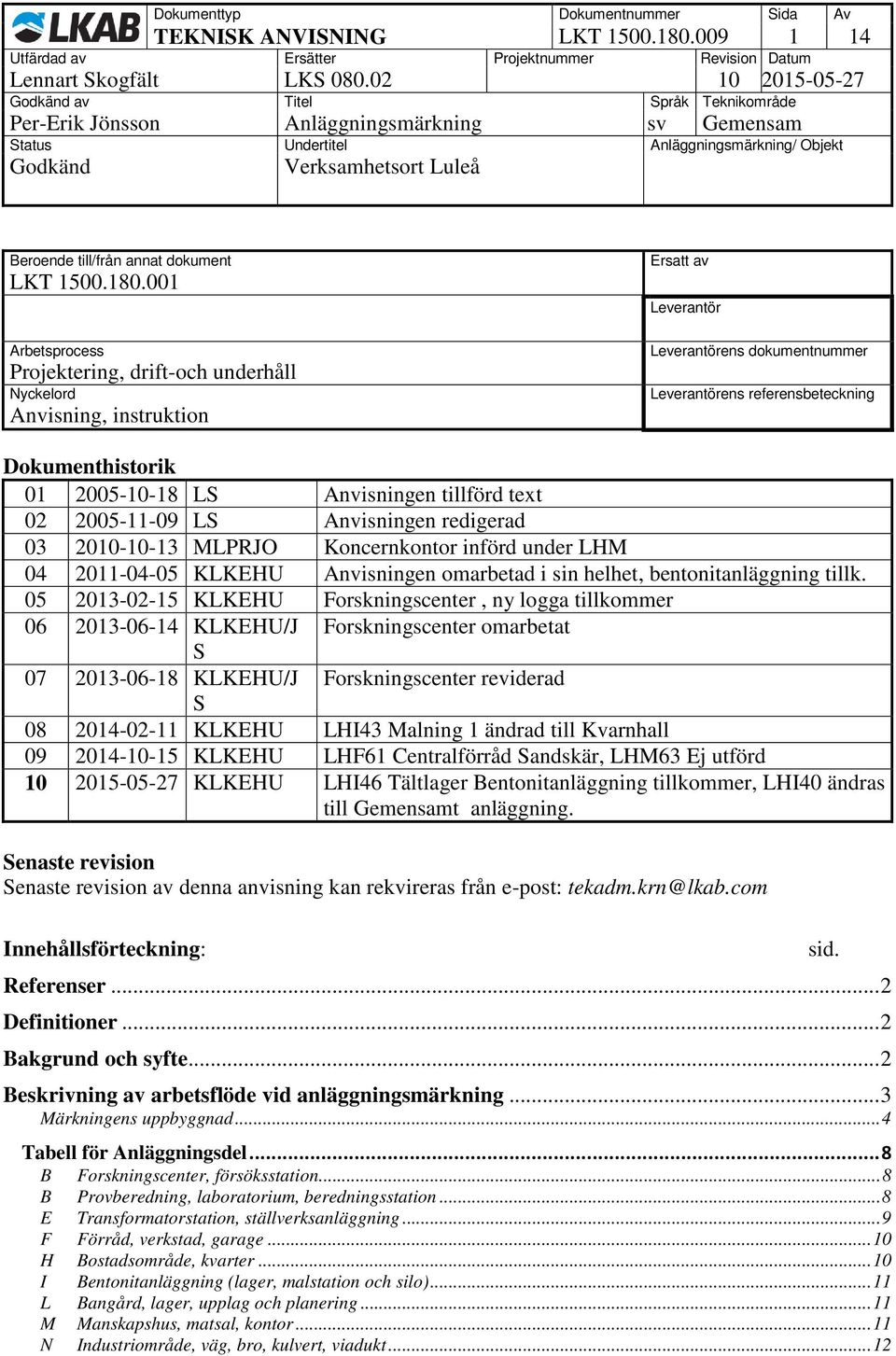 001 Arbetsprocess Projektering, drift-och underhåll Nyckelord Anvisning, instruktion Ersatt av Leverantör Leverantörens dokumentnummer Leverantörens referensbeteckning Dokumenthistorik 01 2005-10-18