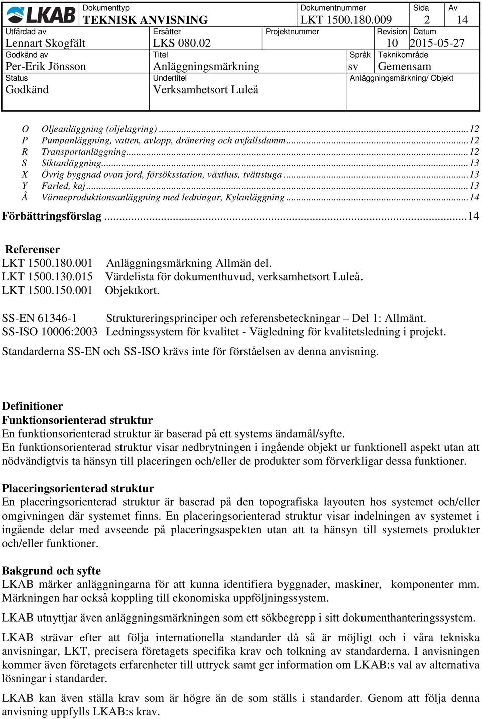 .. 14 Referenser LKT 1500.180.001 LKT 1500.130.015 LKT 1500.150.001 Anläggningsmärkning Allmän del. Värdelista för dokumenthuvud, verksamhetsort Luleå. Objektkort.