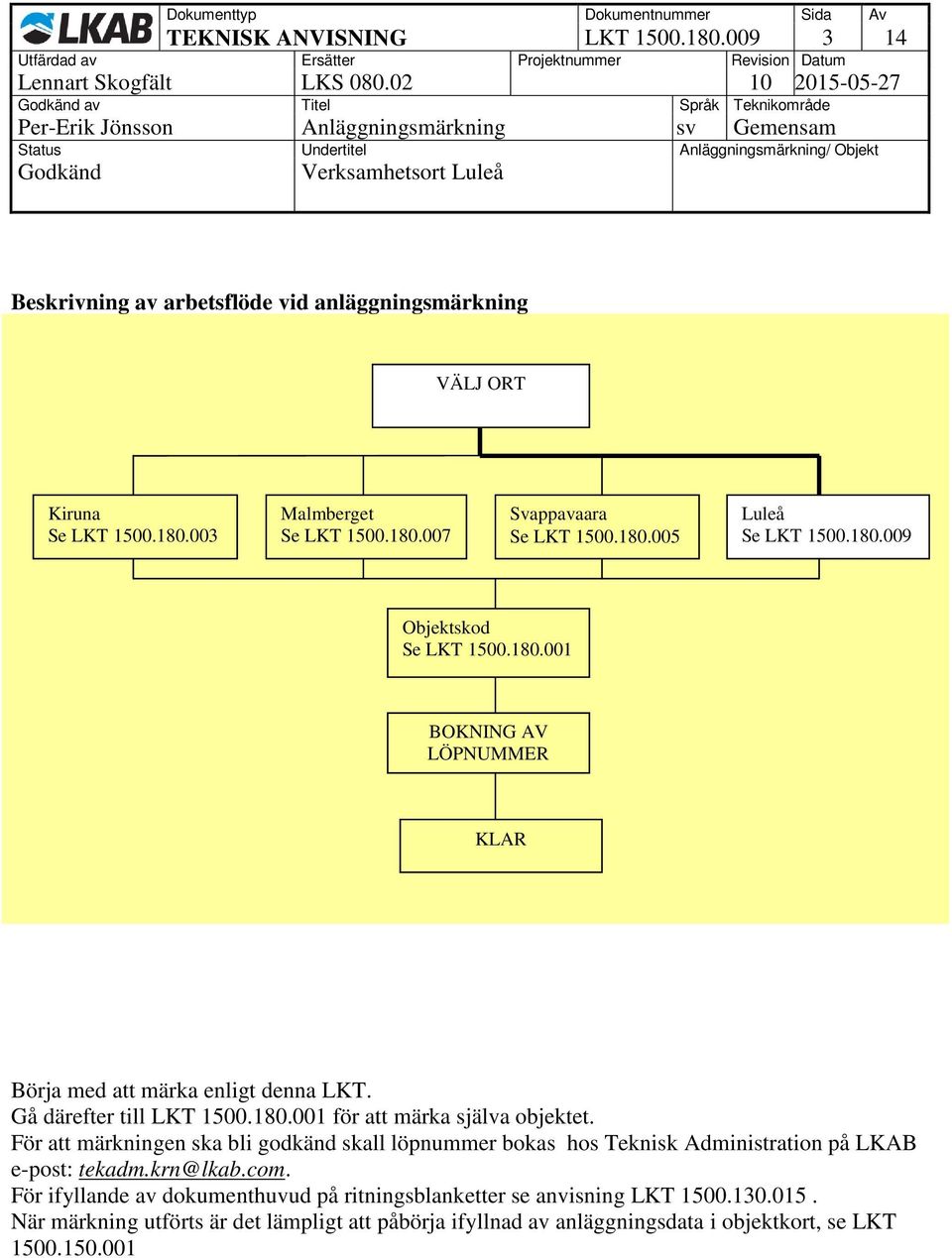 Gå därefter till LKT 1500.180.001 för att märka själva objektet. För att märkningen ska bli godkänd skall löpnummer bokas hos Teknisk Administration på LKAB e-post: tekadm.