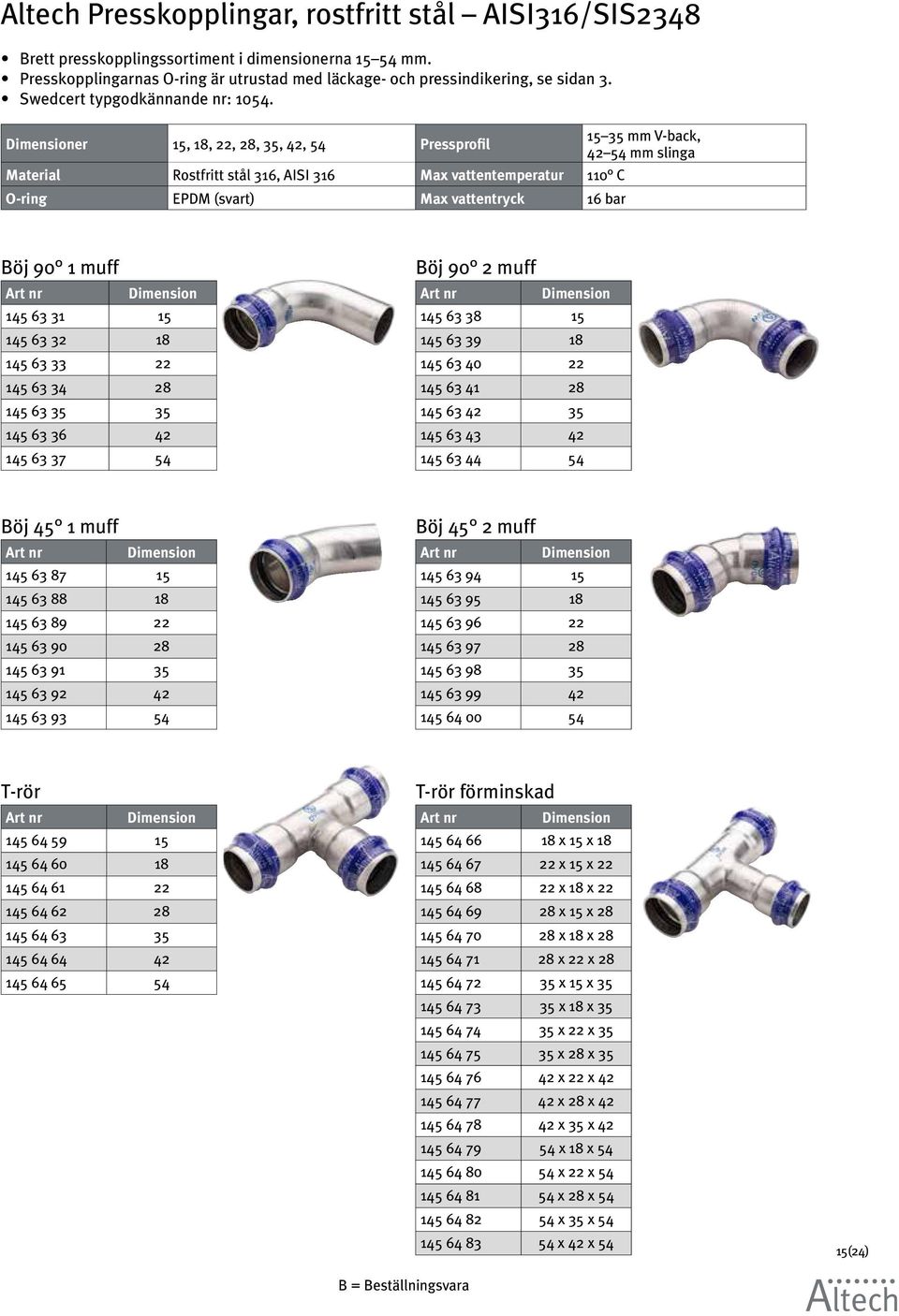 er 15, 18, 22, 28, 35, 42, 54 Pressprofil 15 35 mm V-back, 42 54 mm slinga Material Rostfritt stål 316, AISI 316 Max vattentemperatur 110 C O-ring EPDM (svart) Max vattentryck 16 bar Böj 90 1 muff