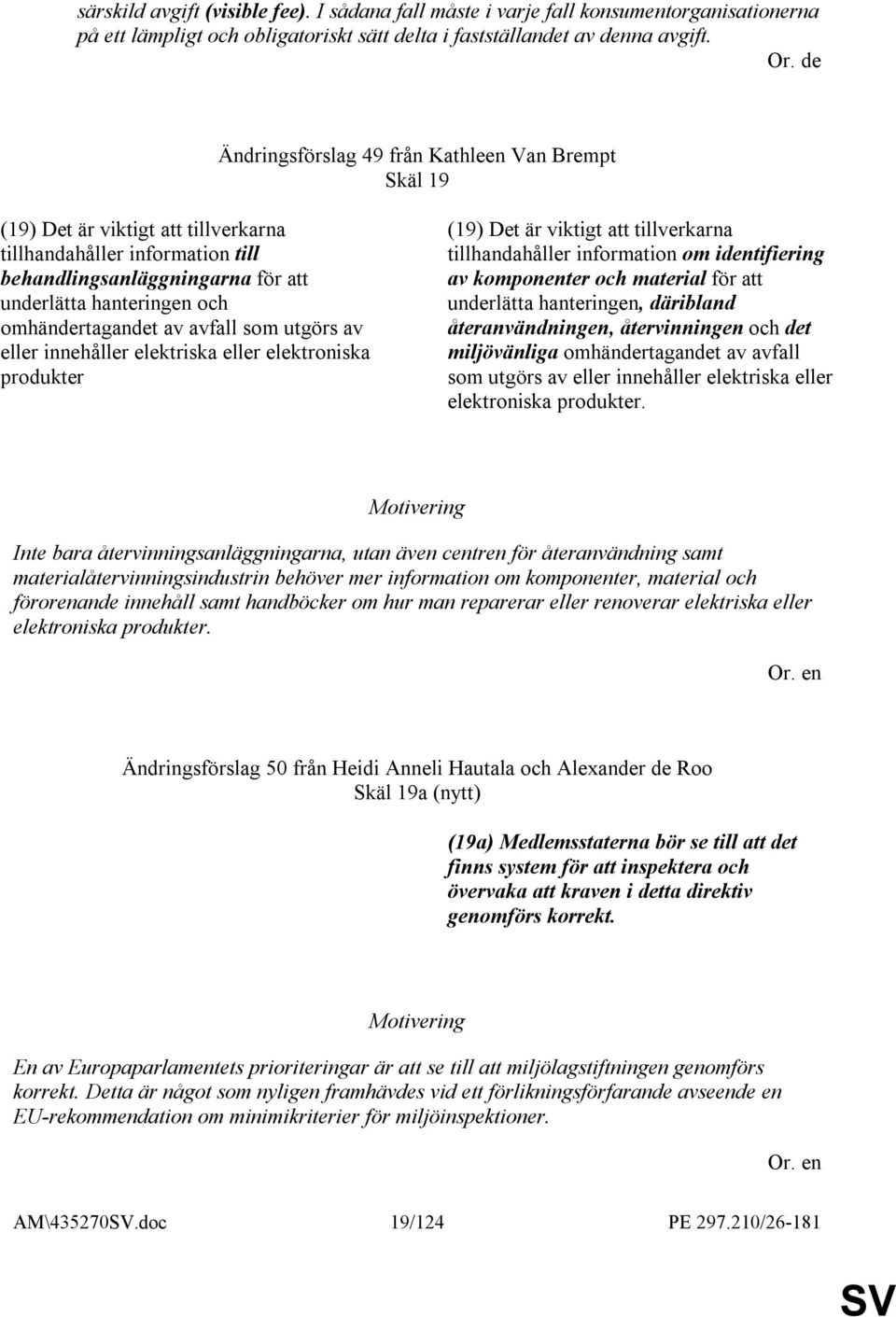 omhändertagandet av avfall som utgörs av eller innehåller elektriska eller elektroniska produkter (19) Det är viktigt att tillverkarna tillhandahåller information om identifiering av komponenter och