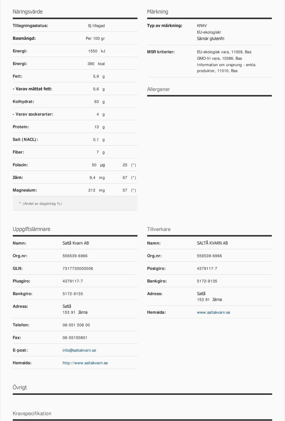 0,1 g Fiber: 7 g Folacin: 50 µg 25 (*) Järn: 9,4 mg 67 (*) Magnesium: 213 mg 57 (*) * (Andel av dagsintag %) Uppgiftslämnare Tillverkare Namn: Saltå Kvarn AB Namn: SALTÅ KVARN AB Org.