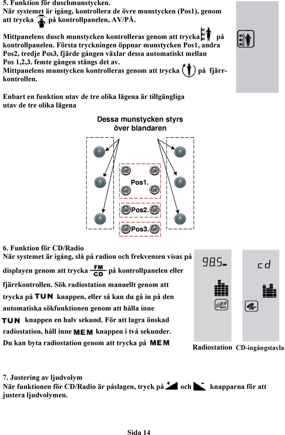 Första tryckningen öppnar munstycken Pos1, andra Pos2, tredje Pos3, fjärde gången växlar dessa automatiskt mellan Pos 1,2,3. femte gången stängs det av.