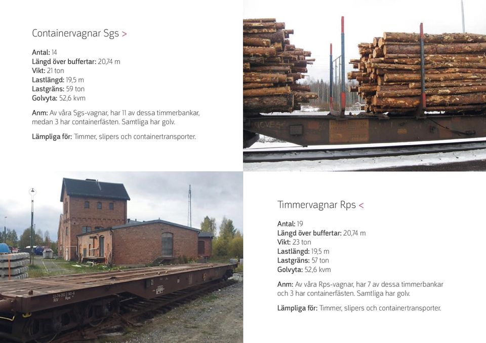 Lämpliga för: Timmer, slipers och containertransporter.