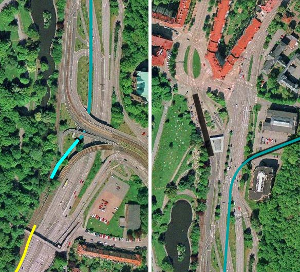 Linnéplatsen SNABB- SPÅRVÄG OCH STADS- SPÅRVÄG GÅR IHOP HÅLLPLATS FÖR SNABBSPÅRVÄG OCH STADSSPÅRVÄG HÅLLPLATS FÖR TUNNELBANAN TUNNELBANAN FORTSÄTTER UNDER JORD TUNNEL- MYNNING TUNNEL- BANA OCH SNABB-