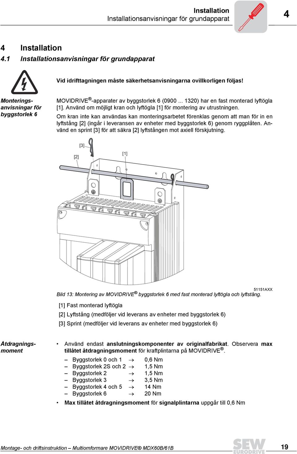 Om kran inte kan användas kan monteringsarbetet förenklas genom att man för in en lyftstång [2] (ingår i leveransen av enheter med byggstorlek 6) genom ryggplåten.