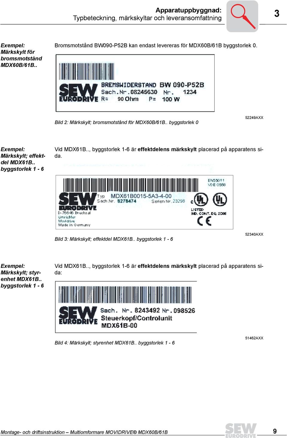 . byggstorlek 0 52249AXX Exempel: Märkskylt; effektdel MDX6B.. byggstorlek - 6 Vid MDX6B.., byggstorlek -6 är effektdelens märkskylt placerad på apparatens sida.