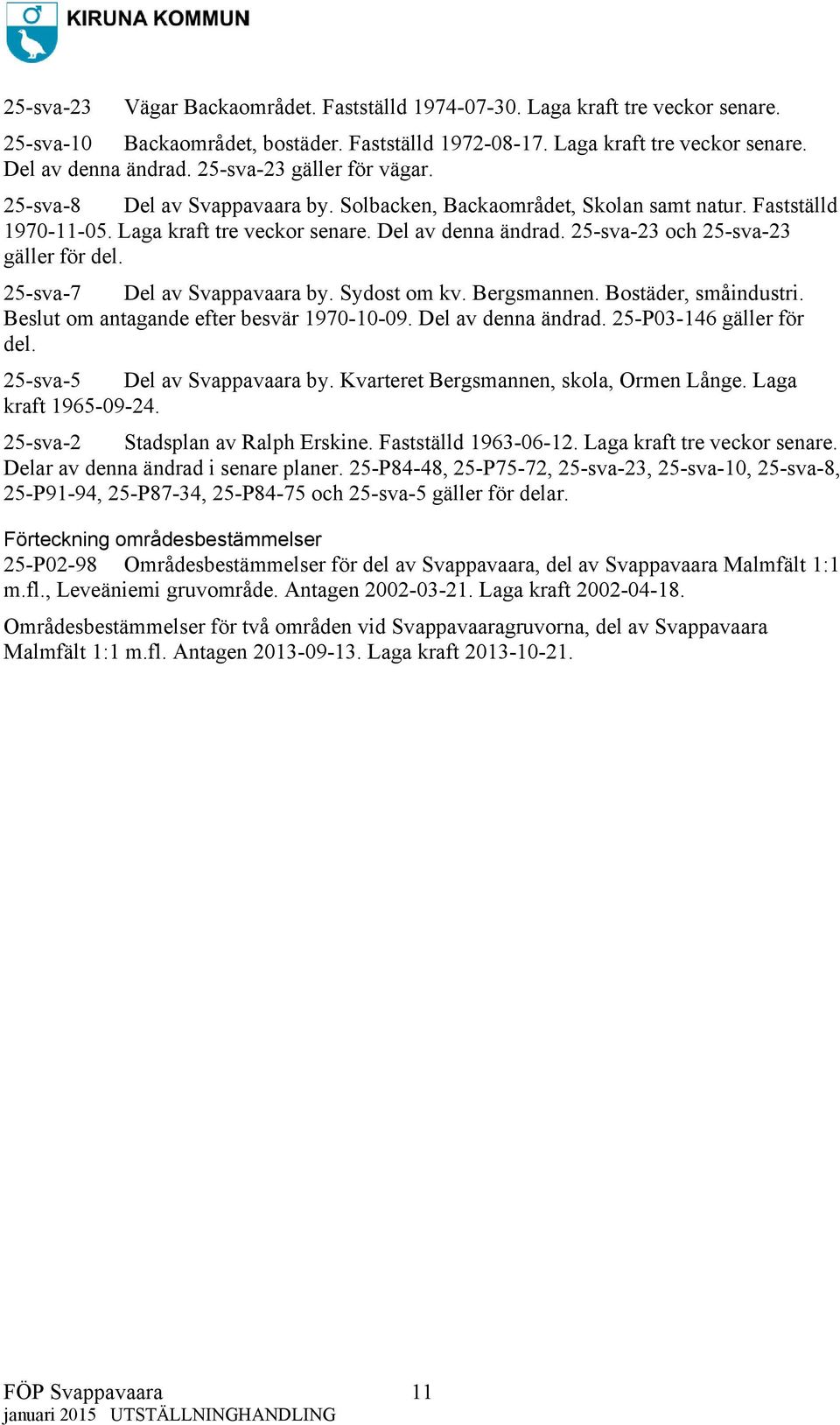 25-sva-23 och 25-sva-23 gäller för del. 25-sva-7 Del av Svappavaara by. Sydost om kv. Bergsmannen. Bostäder, småindustri. Beslut om antagande efter besvär 1970-10-09. Del av denna ändrad.