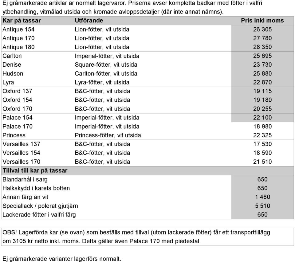 22 870 137 19 115 154 19 180 170 20 255 Palace 154 22 100 Palace 170 18 980 Princess Princess-fötter, vit utsida 22 325 Versailles 137 17 530 Versailles 154 18 590 Versailles 170 21 510 Tillval till