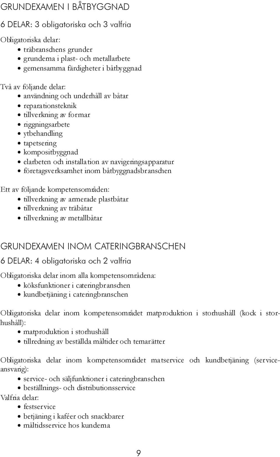 båtbyggnadsbranschen Ett av följande kompetensområden: tillverkning av armerade plastbåtar tillverkning av träbåtar tillverkning av metallbåtar GRUNDEXAMEN INOM CATERINGBRANSCHEN 6 DELAR: 4
