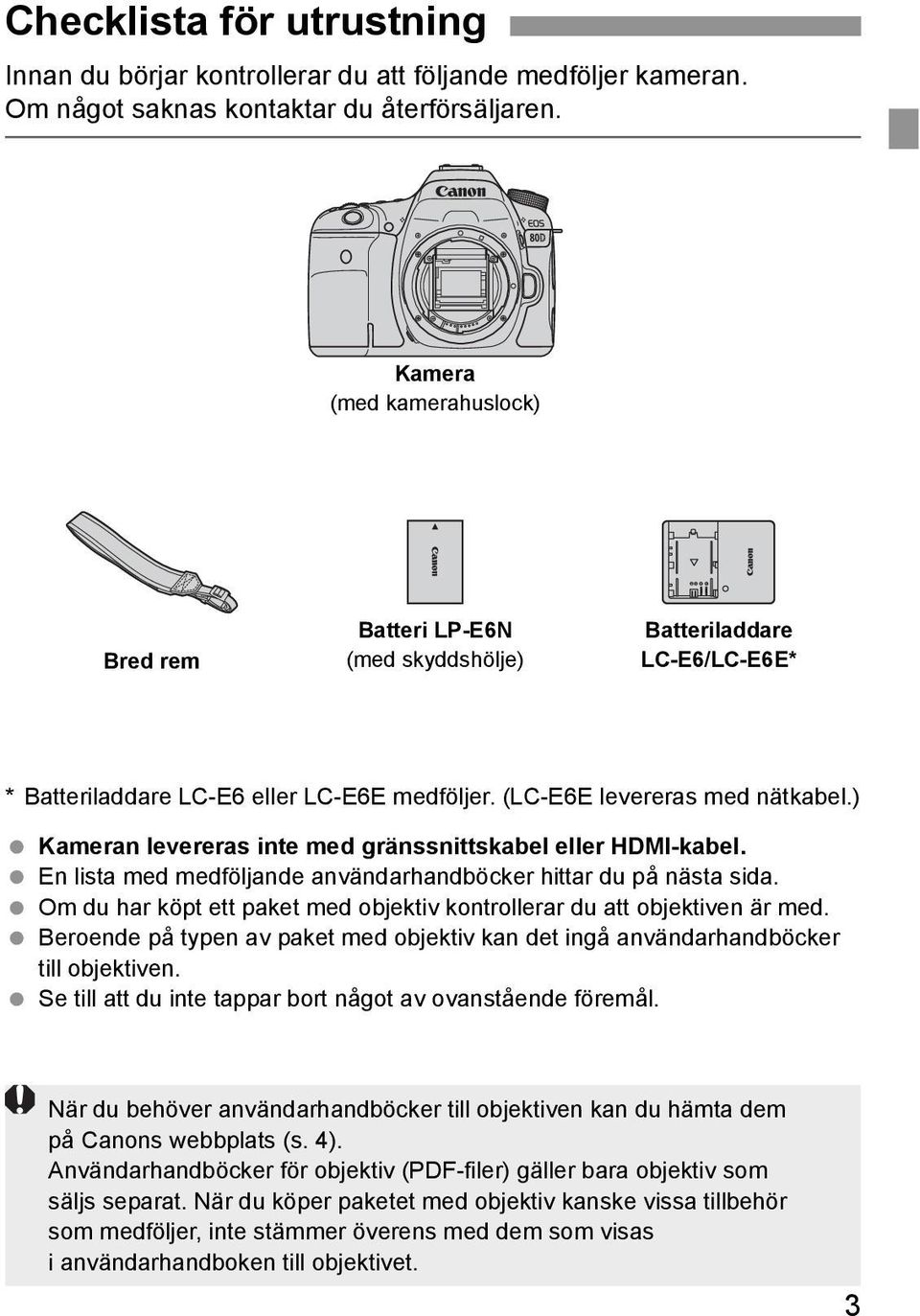 ) Kameran levereras inte med gränssnittskabel eller HDMI-kabel. En lista med medföljande användarhandböcker hittar du på nästa sida.