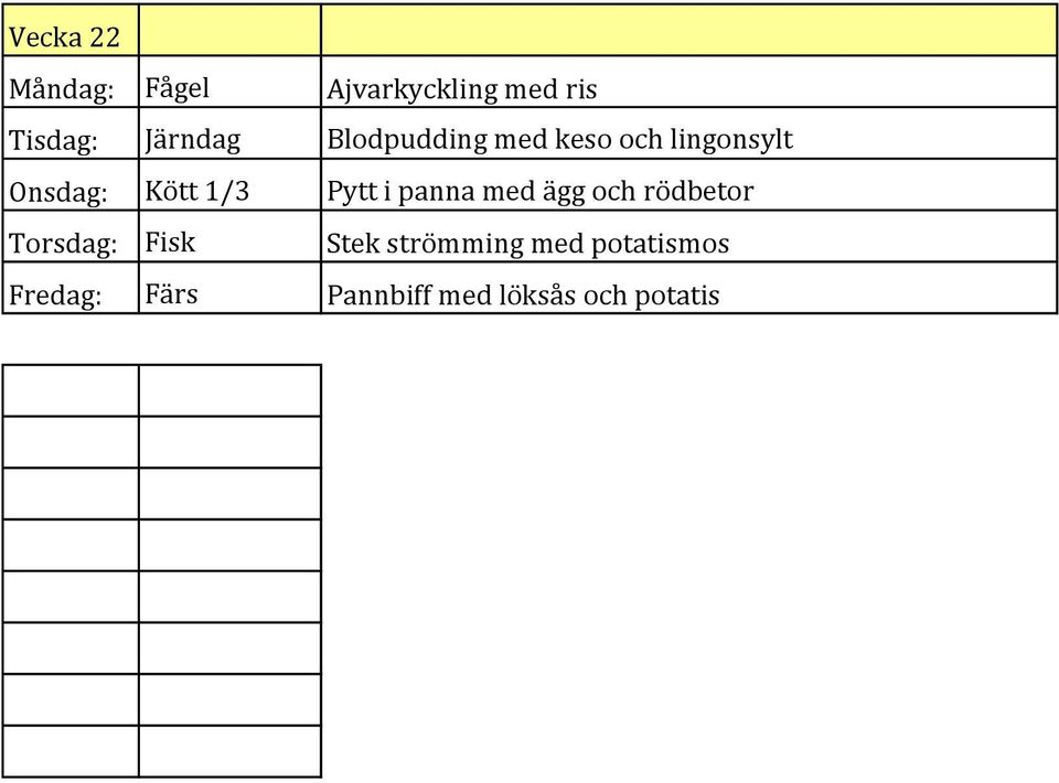 1/3 Pytt i panna med ägg och rödbetor Torsdag: Fisk Stek