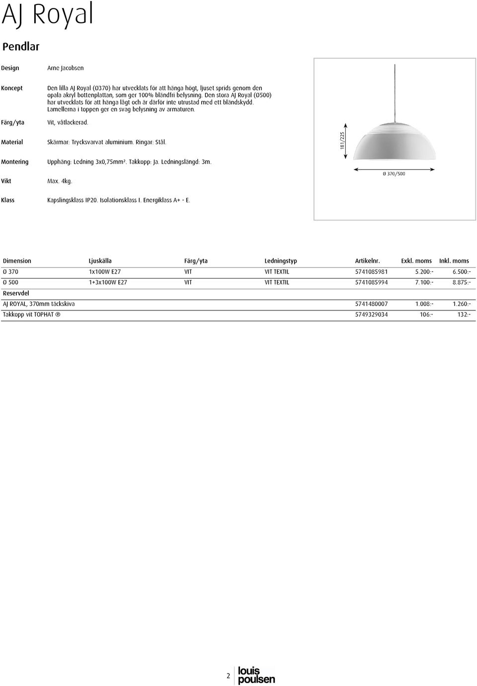 Skärmar: Trycksvarvat aluminium. Ringar: Stål. Upphäng: Ledning 3x0,75mm². Takkopp: Ja. Ledningslängd: 3m. Max. 4kg. Kapslingsklass IP20. Isolationsklass I. Energiklass A+ - E.