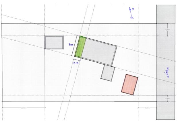 Tillbyggnad huvudbyggnad 15 m² samt garage, steg 2. Tillbyggnaden är en förlängning av huvudbyggnadens huskropp västerut (grön markering).