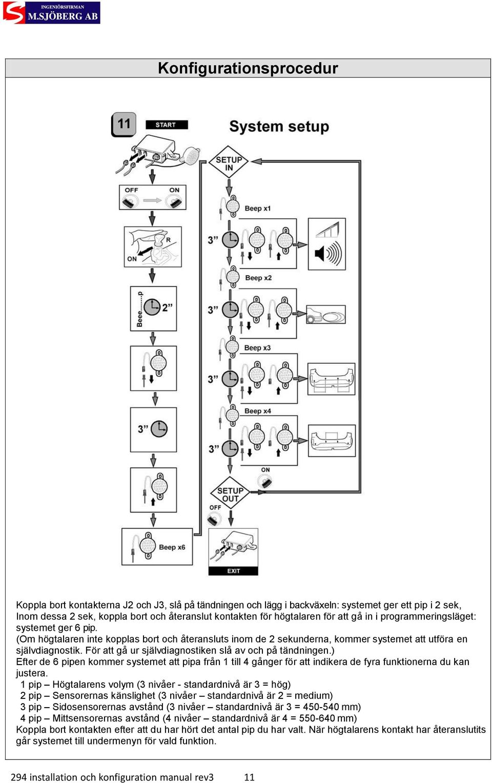 För att gå ur självdiagnostiken slå av och på tändningen.) Efter de 6 pipen kommer systemet att pipa från 1 till 4 gånger för att indikera de fyra funktionerna du kan justera.