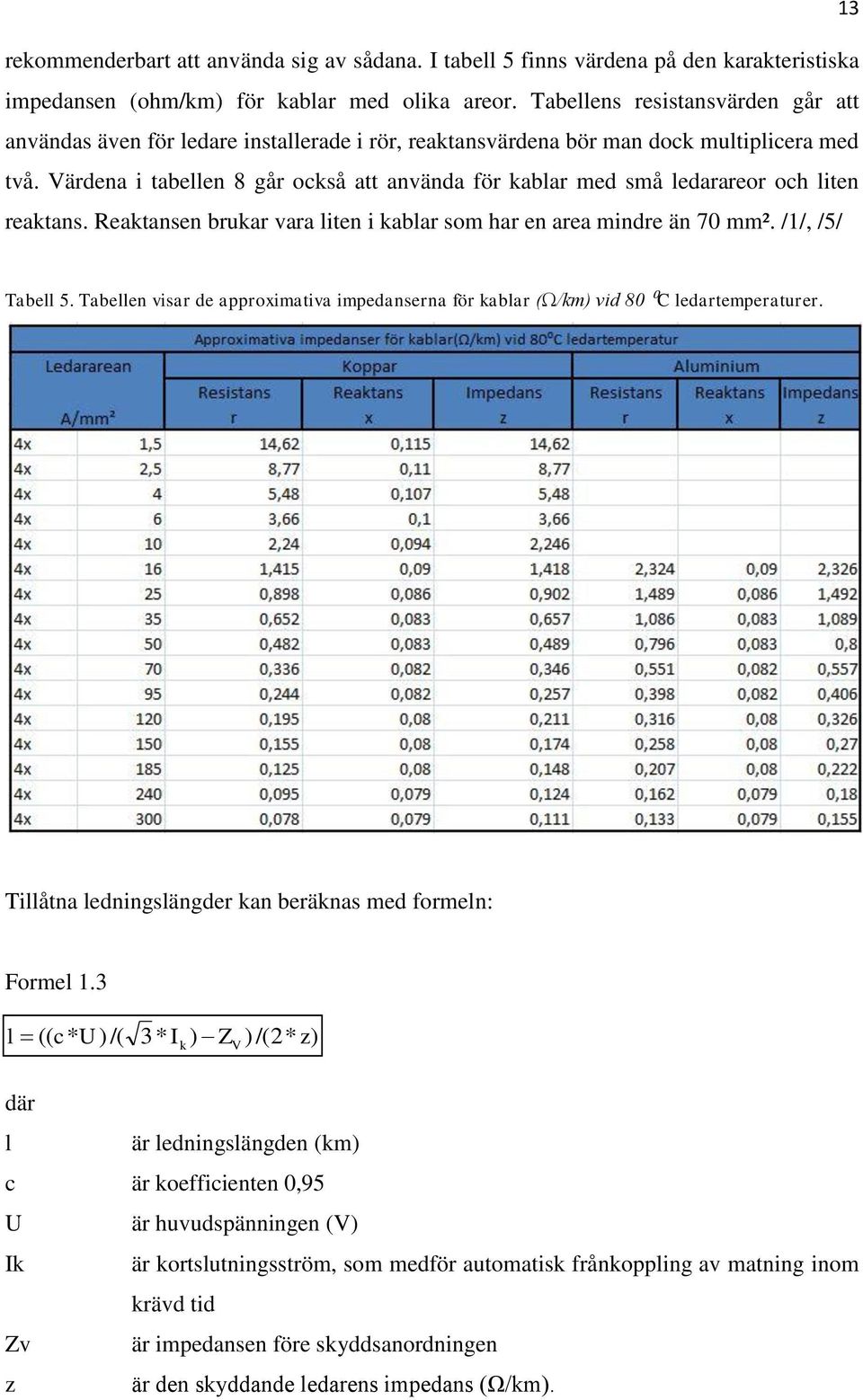 Värdena i tabellen 8 går också att använda för kablar med små ledarareor och liten reaktans. Reaktansen brukar vara liten i kablar som har en area mindre än 70 mm². /1/, /5/ Tabell 5.