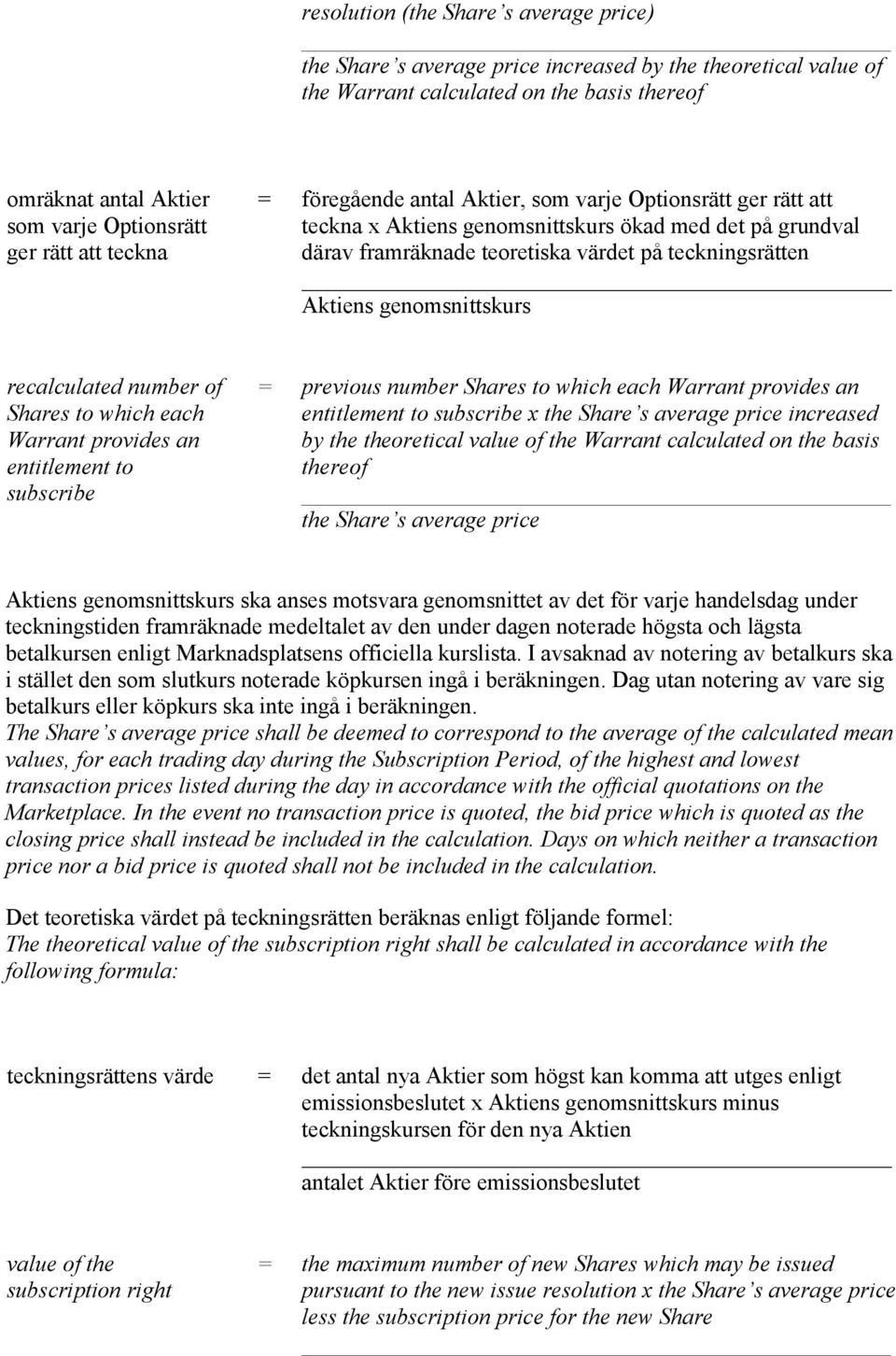 genomsnittskurs recalculated number of Shares to which each Warrant provides an entitlement to subscribe = previous number Shares to which each Warrant provides an entitlement to subscribe x the
