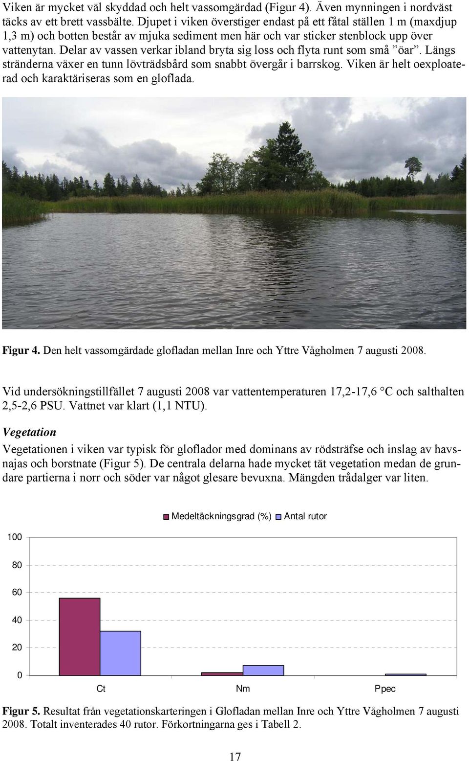 Delar av vassen verkar ibland bryta sig loss och flyta runt som små öar. Längs stränderna växer en tunn lövträdsbård som snabbt övergår i barrskog.