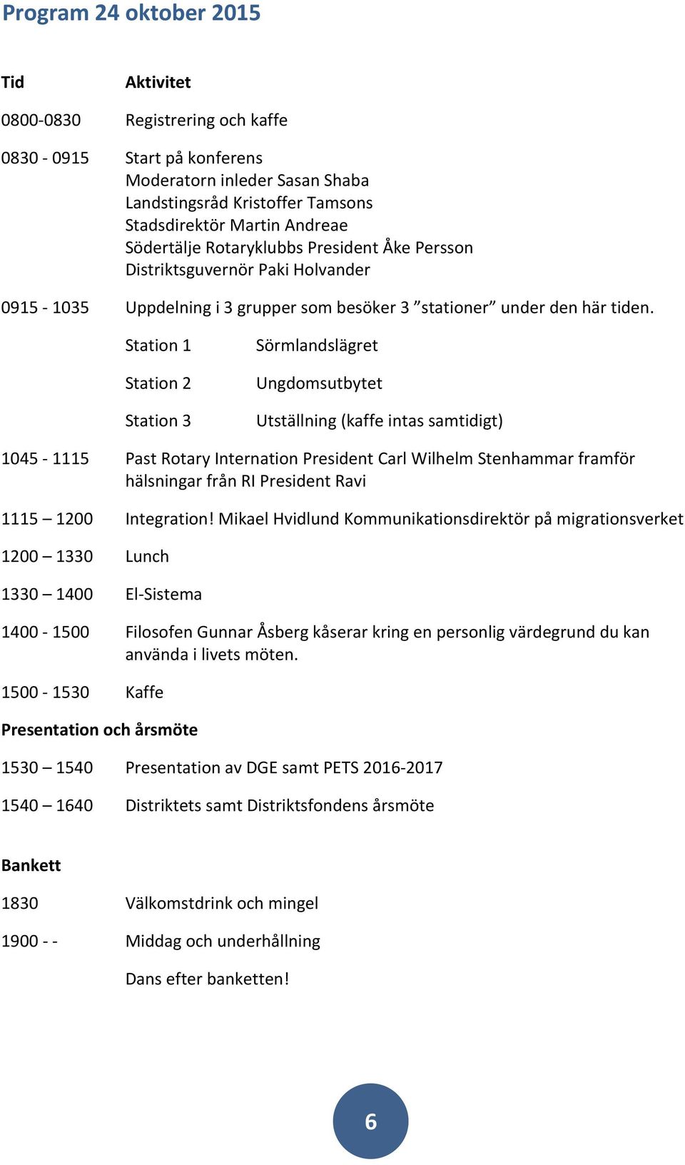 Station 1 Station 2 Station 3 Sörmlandslägret Ungdomsutbytet Utställning (kaffe intas samtidigt) 1045 1115 Past Rotary Internation President Carl Wilhelm Stenhammar framför hälsningar från RI