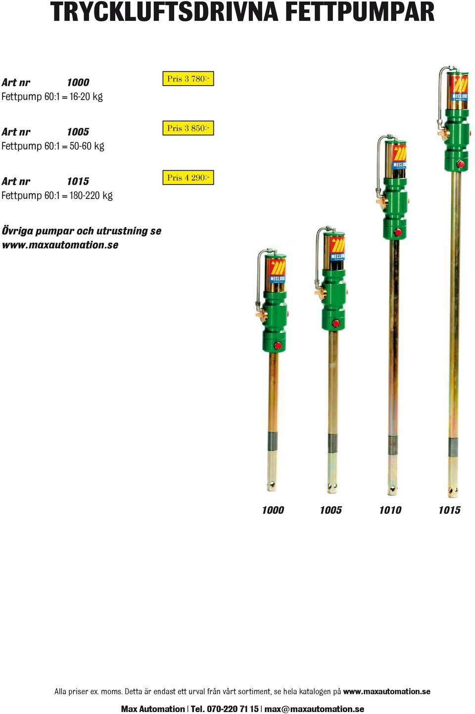 kg Art nr 1015 Pris 4 290:- Fettpump 60:1 = 180-220 kg Övriga