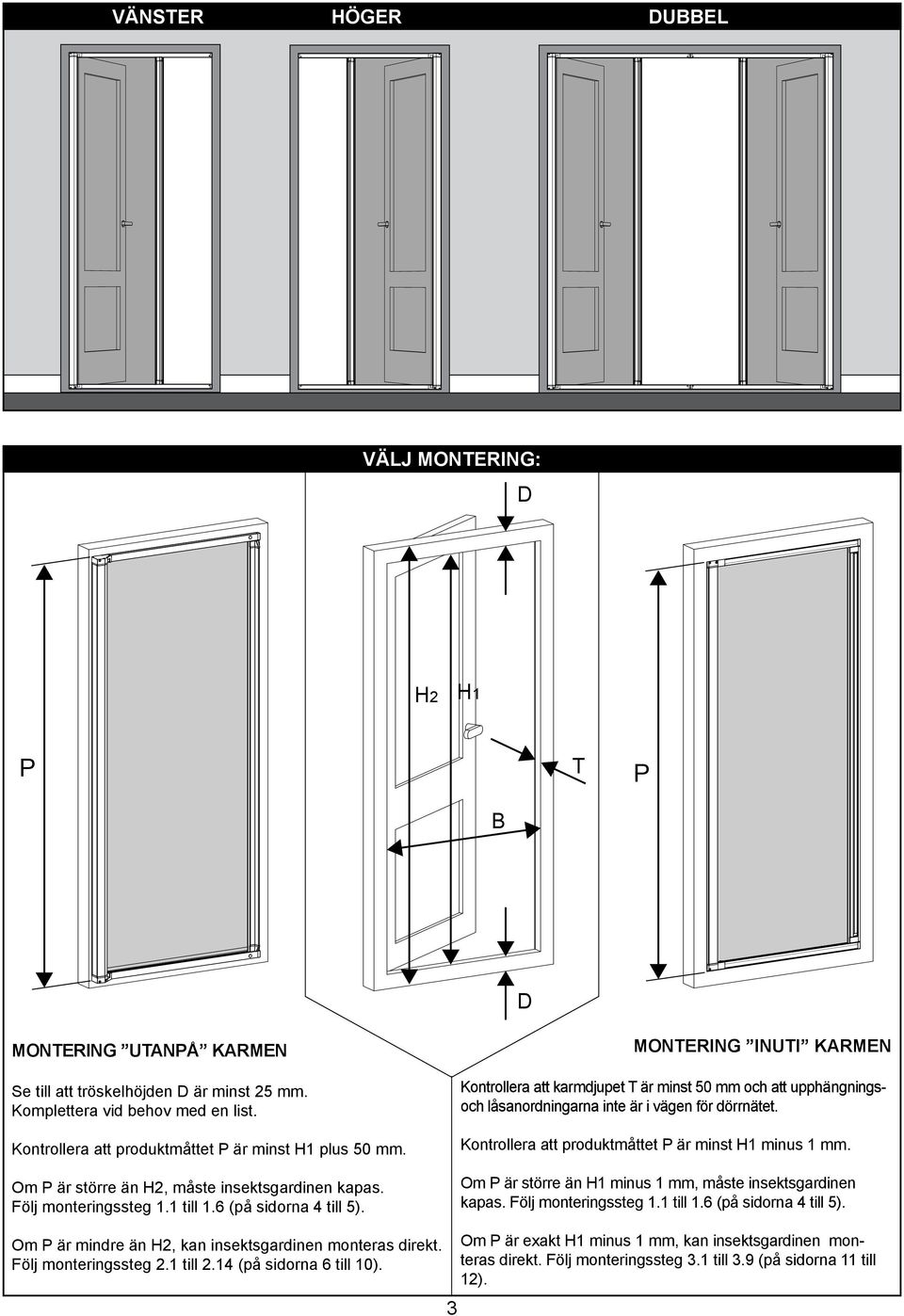 MONTERING INUTI KARMEN Kontrollera att karmdjupet T är minst 50 mm och att upphängningsoch låsanordningarna inte är i vägen för dörrnätet. Kontrollera att produktmåttet P är minst H1 minus 1 mm.
