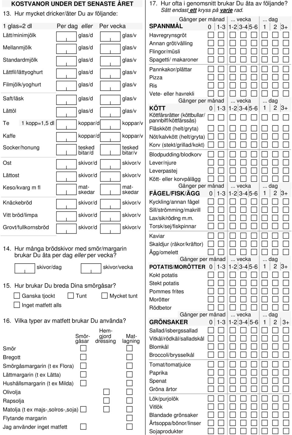 Filmjölk/yoghurt glas/d glas/v Saft/läsk glas/d glas/v Lättöl glas/d glas/v Te 1 kopp=1,5 dl koppar/d koppar/v Kaffe koppar/d koppar/v Socker/honung tesked tesked bitar/d bitar/v Ost skivor/d