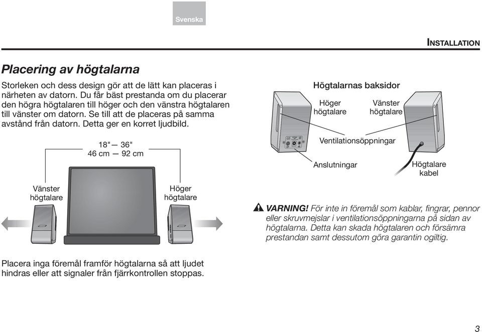 18" 36" 46 cm 92 cm Högtalarnas baksidor Höger Anslutningar Vänster Ventilationsöppningar Högtalare kabel Vänster Höger VARNING!