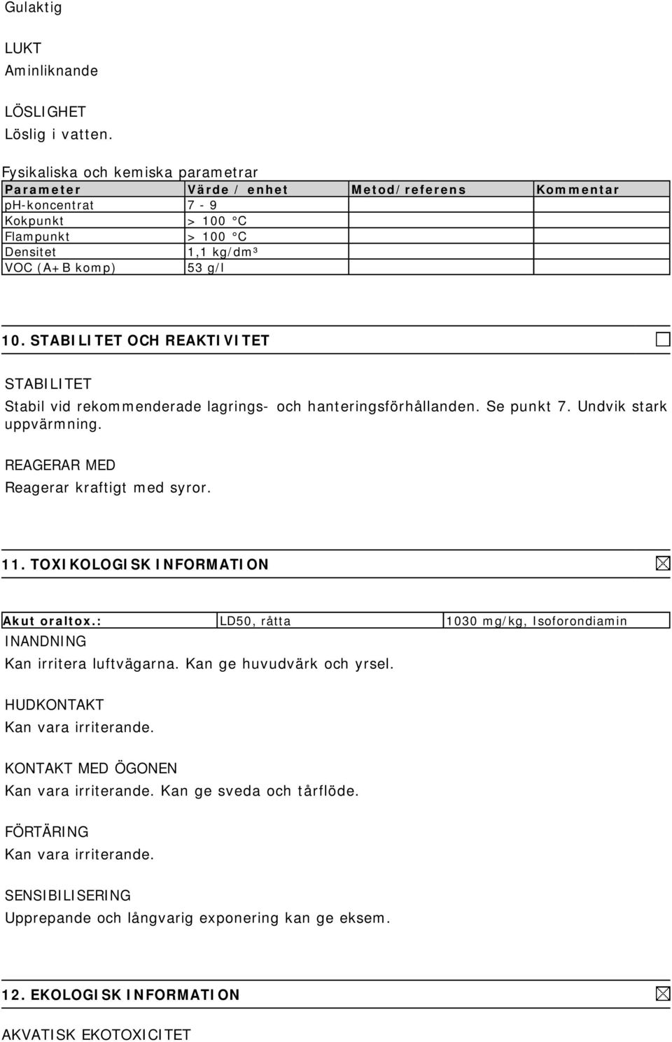 STABILITET OCH REAKTIVITET STABILITET Stabil vid rekommenderade lagrings- och hanteringsförhållanden. Se punkt 7. Undvik stark uppvärmning. REAGERAR MED Reagerar kraftigt med syror. 11.