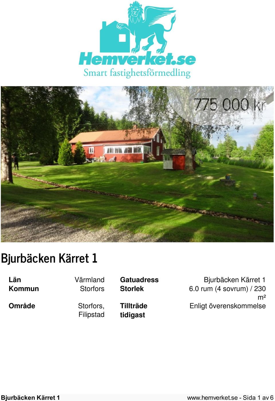 0 rum (4 sovrum) / 230 m² Område Storfors,