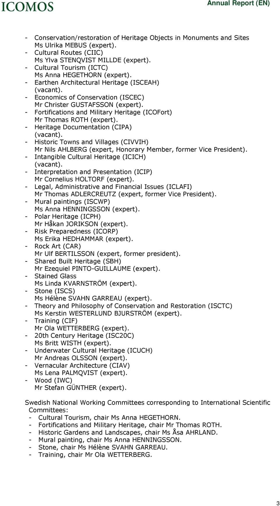 - Fortifications and Military Heritage (ICOFort) Mr Thomas ROTH (expert). - Heritage Documentation (CIPA) (vacant).