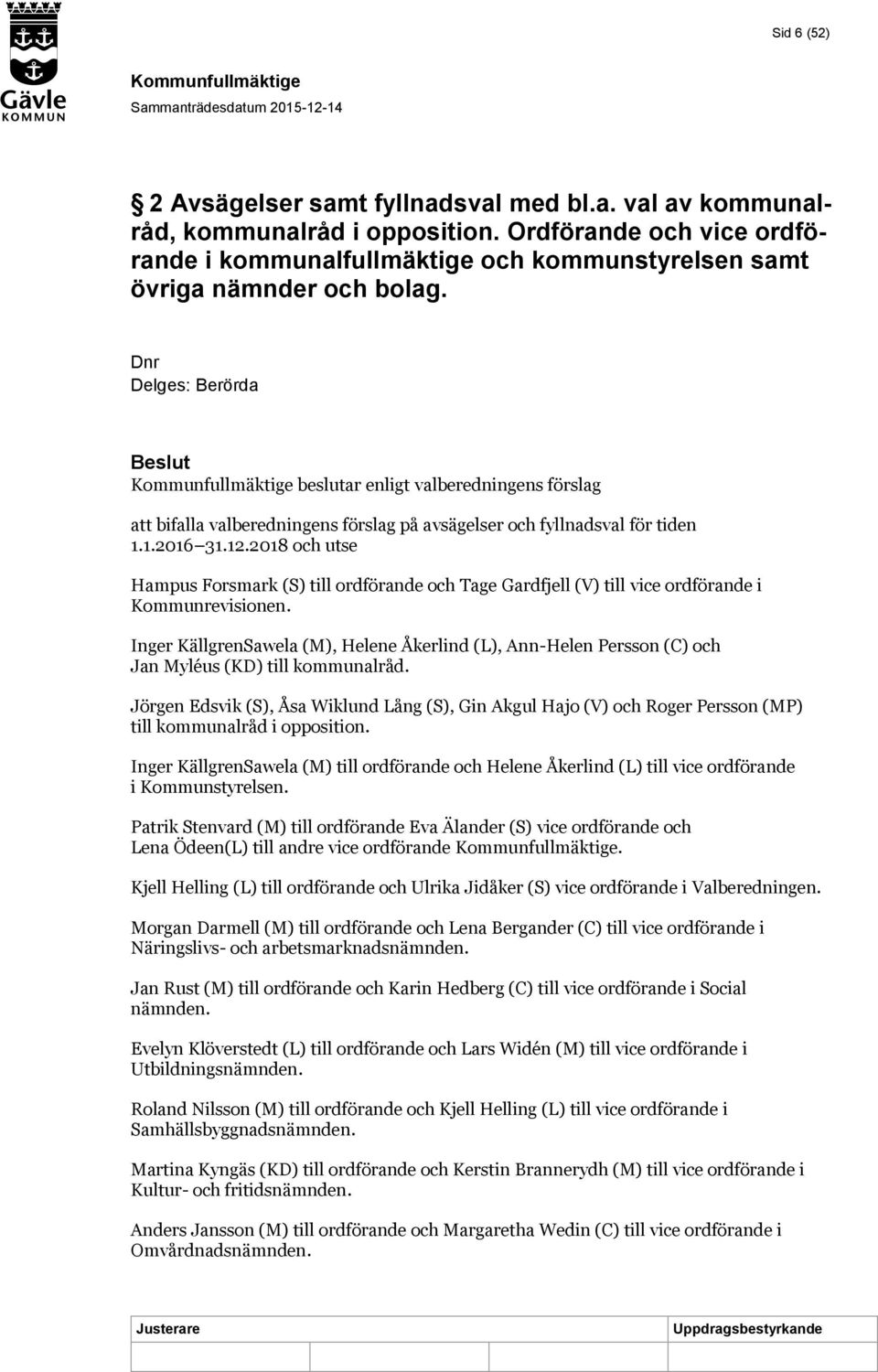 2018 och utse Hampus Forsmark (S) till ordförande och Tage Gardfjell (V) till vice ordförande i Kommunrevisionen.