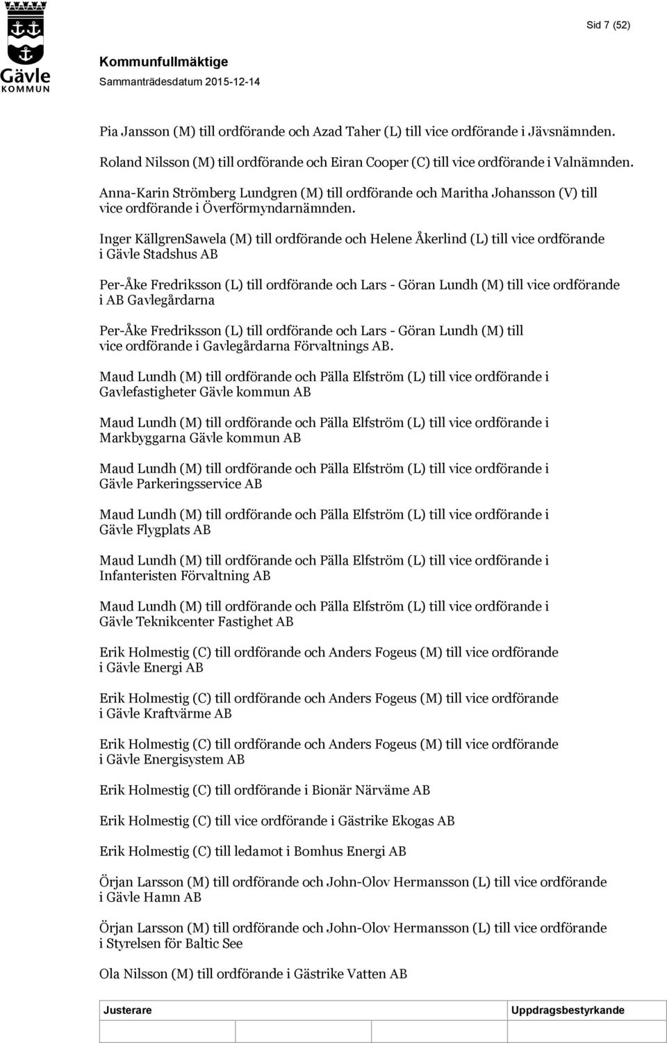 Inger KällgrenSawela (M) till ordförande och Helene Åkerlind (L) till vice ordförande i Gävle Stadshus AB Per-Åke Fredriksson (L) till ordförande och Lars - Göran Lundh (M) till vice ordförande i AB