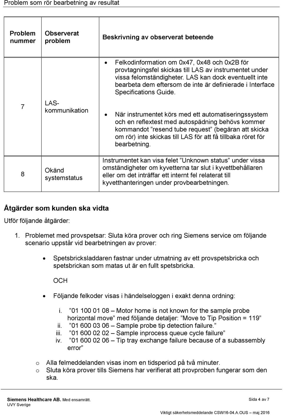 7 LASkommunikation När instrumentet körs med ett automatiseringssystem och en reflextest med autospädning behövs kommer kommandot resend tube request (begäran att skicka om rör) inte skickas till LAS