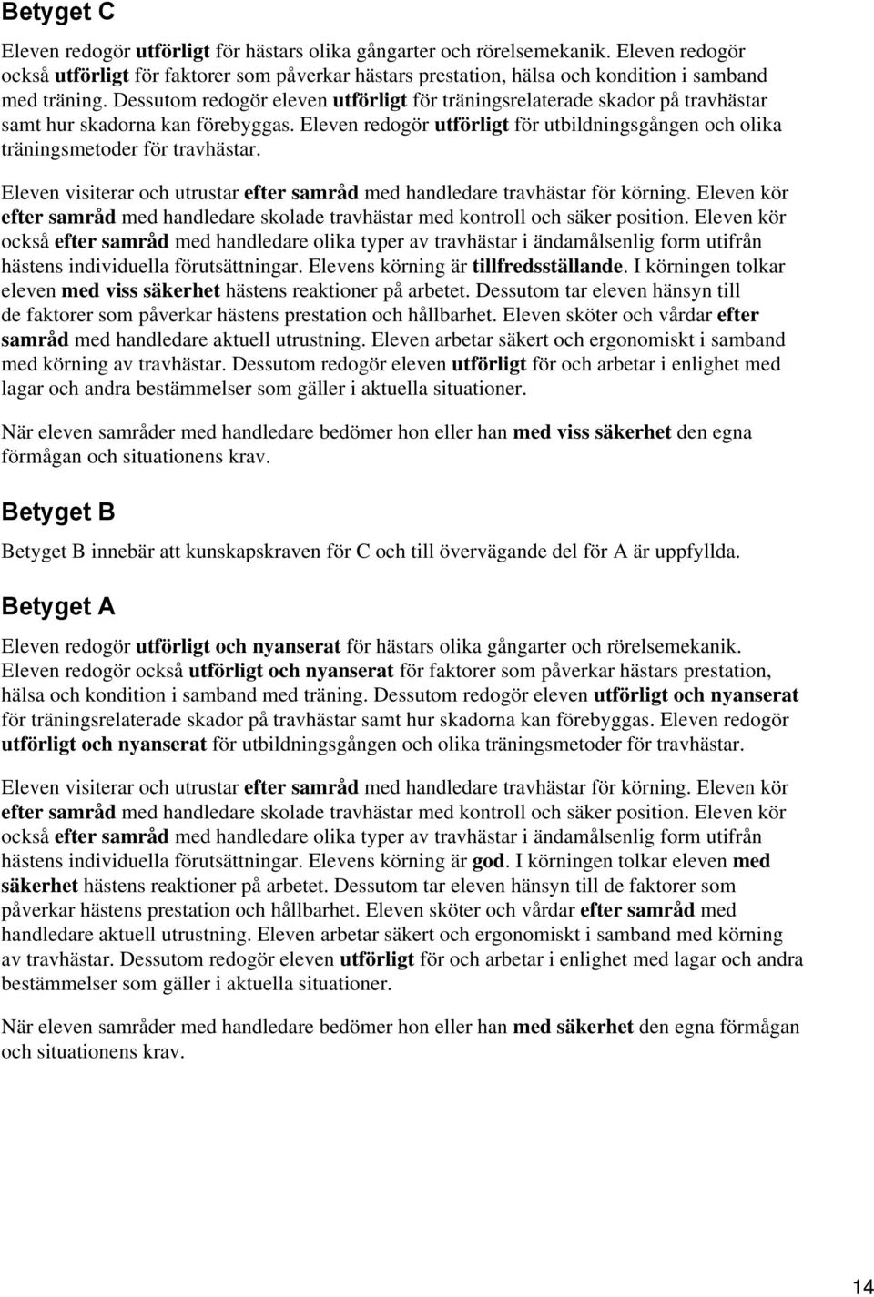 Dessutom redogör eleven utförligt för träningsrelaterade skador på travhästar samt hur skadorna kan förebyggas. Eleven redogör utförligt för utbildningsgången och olika träningsmetoder för travhästar.