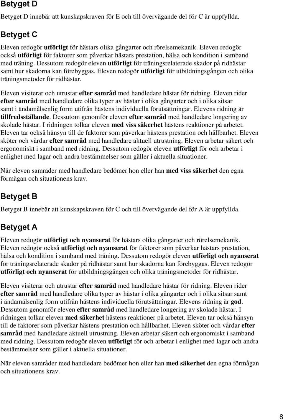 Dessutom redogör eleven utförligt för träningsrelaterade skador på ridhästar samt hur skadorna kan förebyggas. Eleven redogör utförligt för utbildningsgången och olika träningsmetoder för ridhästar.