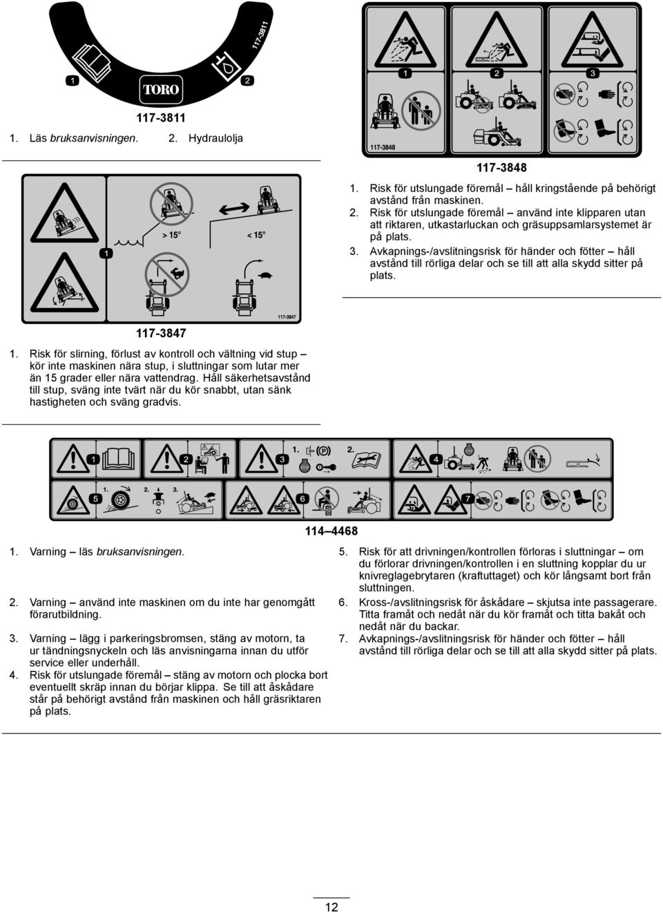 Risk för slirning, förlust av kontroll och vältning vid stup kör inte maskinen nära stup, i sluttningar som lutar mer än 15 grader eller nära vattendrag.