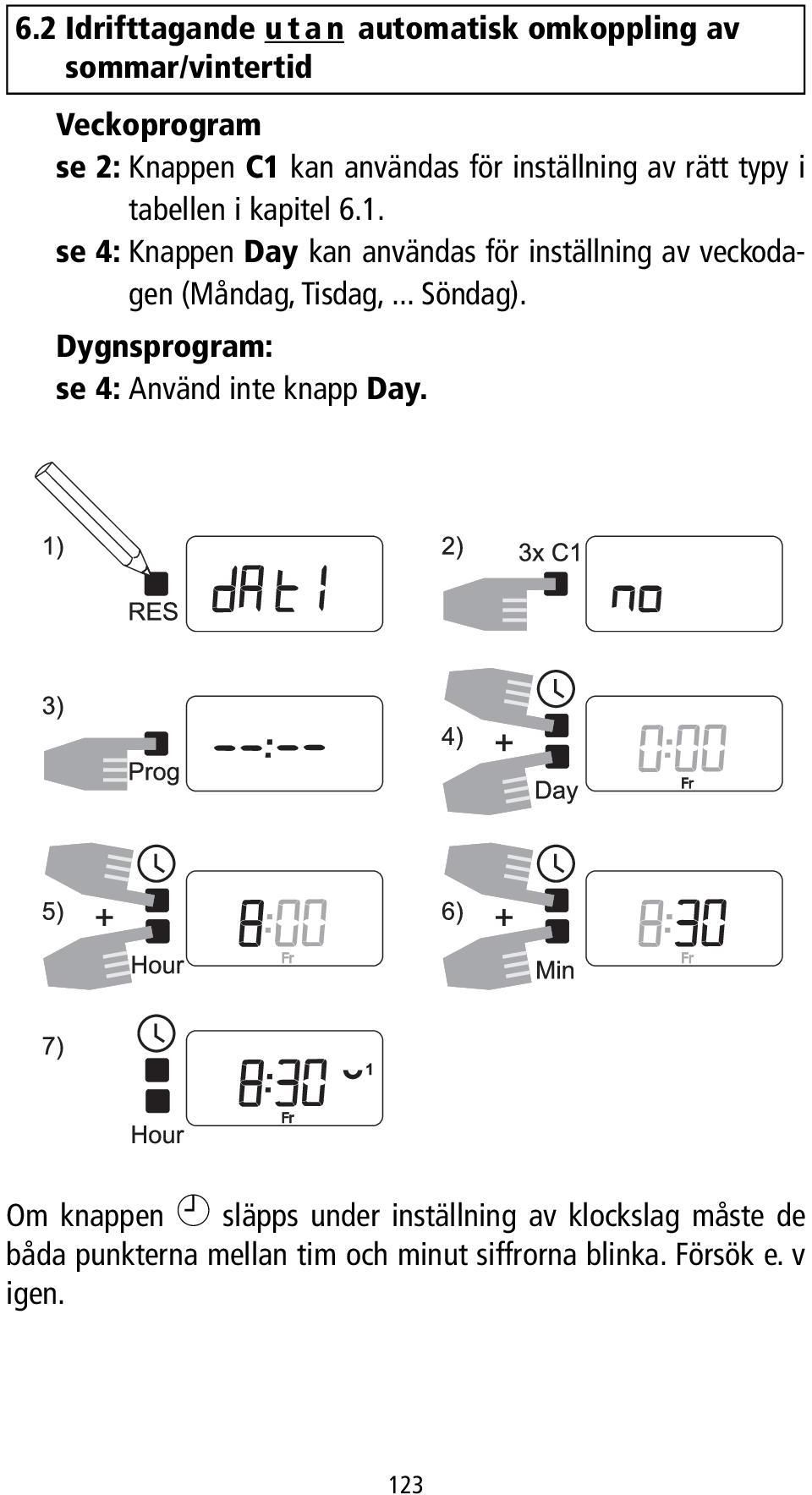 se 4: Knappen Day kan användas för inställning av veckodagen (Måndag, Tisdag,... Söndag).