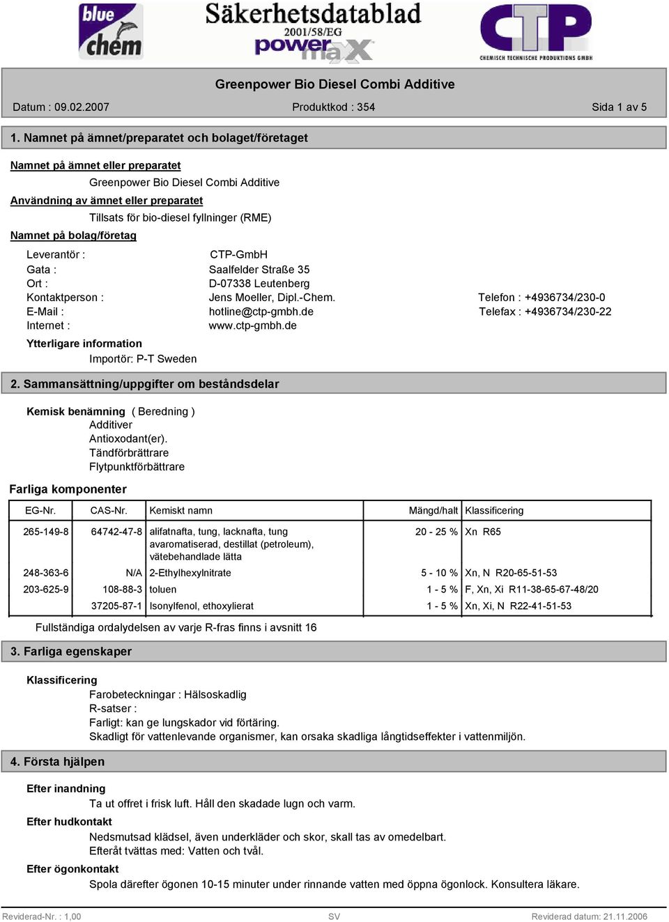 bio-diesel fyllninger (RME) Leverantör : CTP-GmbH Gata : Saalfelder Straße 35 Ort : D-07338 Leutenberg Kontaktperson : Jens Moeller, Dipl.-Chem. Telefon : +4936734/230-0 E-Mail : hotline@ctp-gmbh.