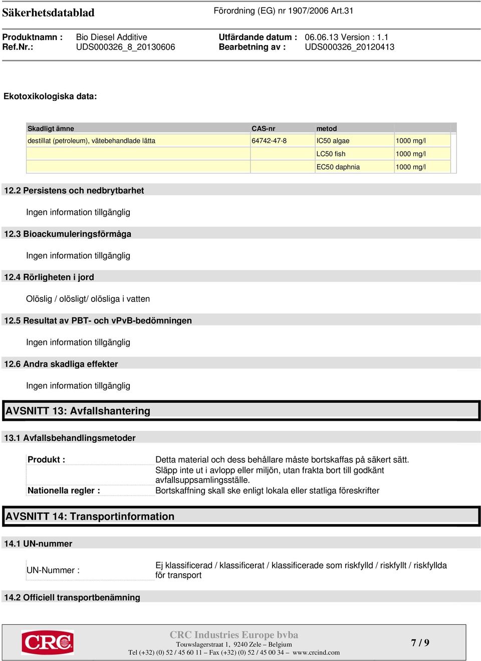 6 Andra skadliga effekter AVSNITT 13: Avfallshantering 13.1 Avfallsbehandlingsmetoder Produkt : Nationella regler : Detta material och dess behållare måste bortskaffas på säkert sätt.