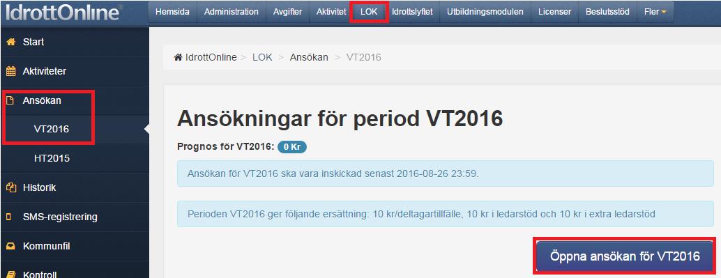 Ansökan Öppna en ny ansökan Gå till LOK, klicka på Ansökan och välj Period för att komma in och kunna ansöka om LOK-stöd. Klicka på Öppna ansökan.